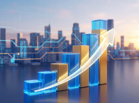 3D bar graph ascending like stairs with upward arrow corporate success concept growth business achievement