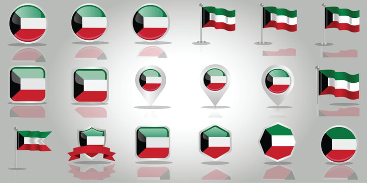 Kuwait Flag Icon Set: A vibrant compilation of Kuwait flag illustrations, showcasing various design styles and formats suitable for diverse applications.