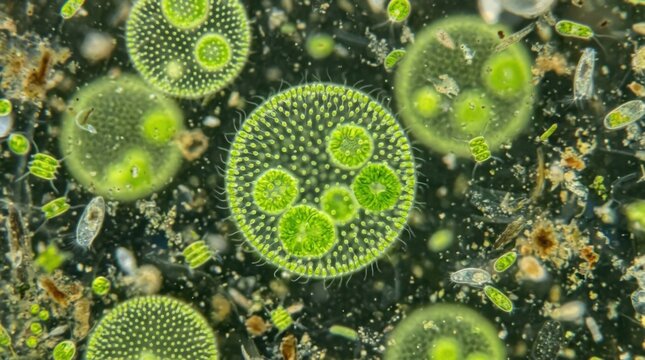 Microscopic view of Volvox algae colonies in aquatic environment.
