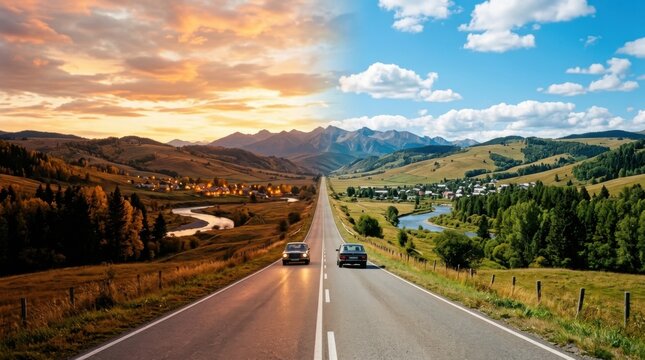 Road to the horizon with cars under a divided sky landscape.