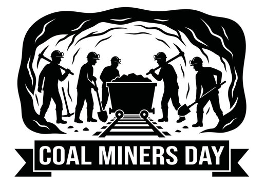 Black and White Underground Silhouette of Coal Miners Working on Miners Day Vector