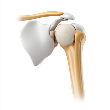 Human shoulder joint anatomy 3D medical illustration showing humerus scapula and clavicle bones isolated on white background