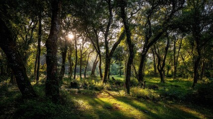 Fototapeta premium Sunlight streams through the dense foliage of a vibrant woodland scene at dawn or dusk.