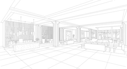Architectural blueprint of a modern interior space with furniture layout. © Dika