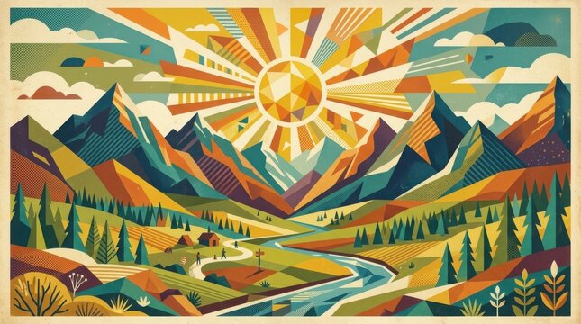 Vibrant Mountain Landscape with Sunburst and River in Colorful Geometric Style.