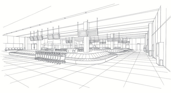 Architectural sketch of a modern airport baggage claim area.