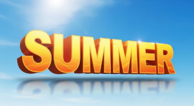 Vibrant Summer Text with Sky Background and Reflection.