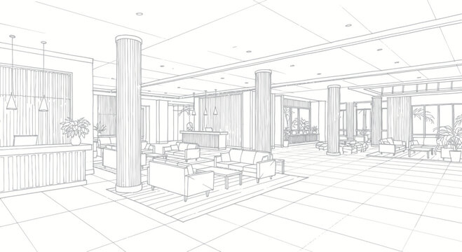 Architectural sketch of a modern hotel lobby interior design.