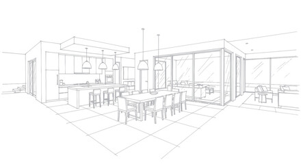 Architectural sketch of a modern open-plan living space with kitchen and dining area. © Dika
