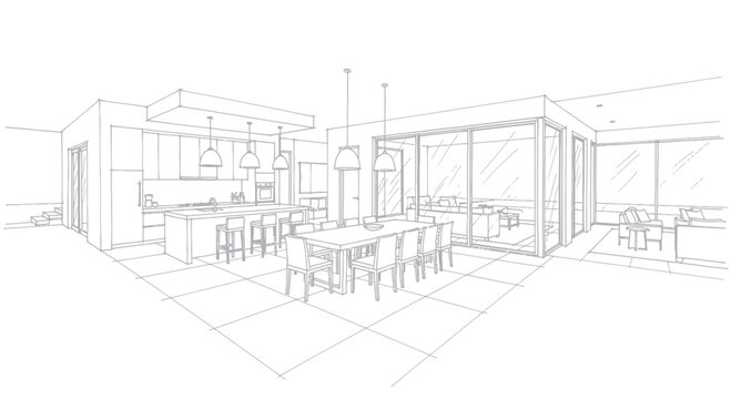 Architectural sketch of a modern open-plan living space with kitchen and dining area.