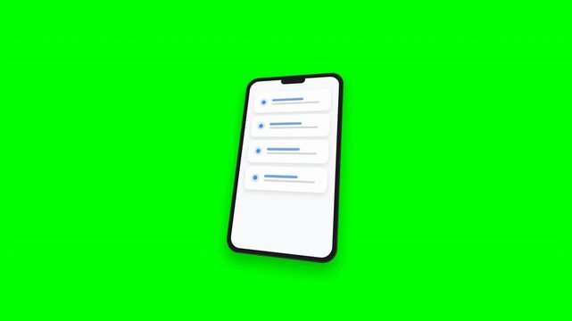 Smartphone mockup displaying push notifications on green screen in cinematic 3d isometric animation for mobile application marketing