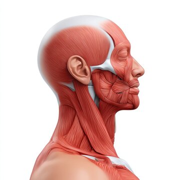 Detailed 3D medical illustration showing the complex muscle structure of the human head and neck in profile view isolated on white