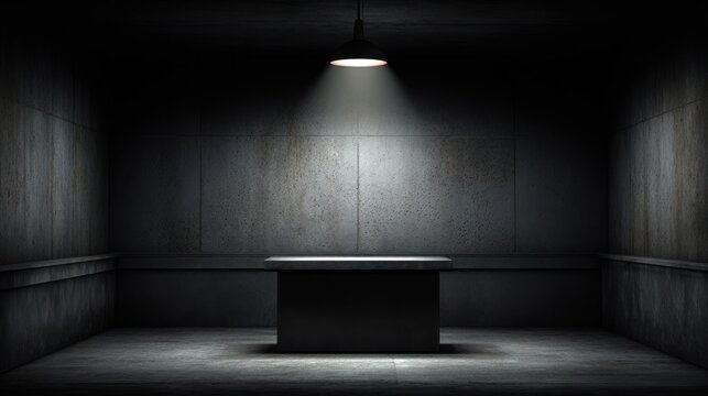 Bare interrogation room features a solitary table illuminated by a single overhead lamp