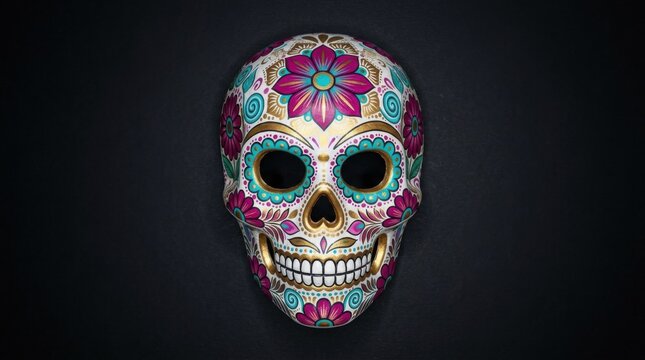 Colorful Sugar Skull with Floral Design on Dark Background.