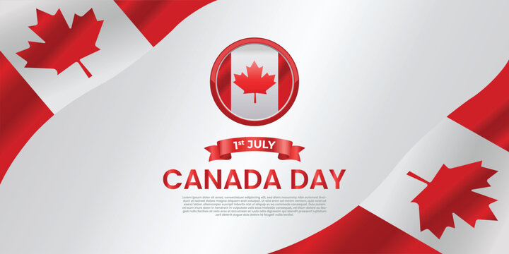 Canada Day Celebration: A celebratory emblem of the annual Canada Day, featuring a central badge with a maple leaf symbol, waving flags in the national colors, and the date of July 1st.