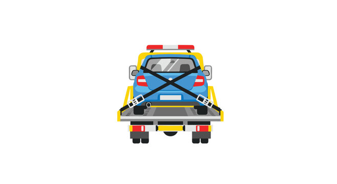 A blue car is securely fastened with heavy-duty black straps onto a yellow flatbed tow truck platform against a minimalist white studio background.