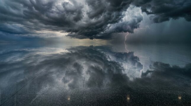 Dramatic storm clouds reflected in calm water with lightning strikes.
