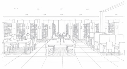 Detailed architectural sketch of a modern library interior with tables and bookshelves. © Dika