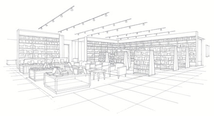 Detailed architectural sketch of a modern library interior with seating areas. © Dika
