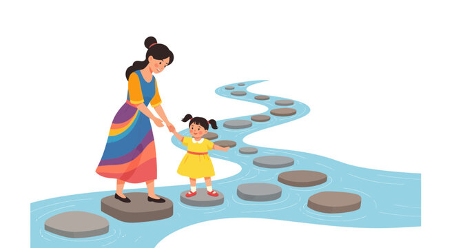 Mother Guiding Daughter on Stepping Stones Across River