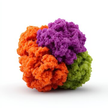Molecular protein structure 3D model with colorful orange purple and green subunits isolated on white background for biotechnology and medical science visualization