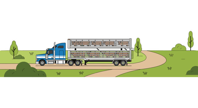 A blue semi-truck with a double-decker trailer transporting animals drives along a dirt path surrounded by green trees in a minimalist flat vector illustration style.