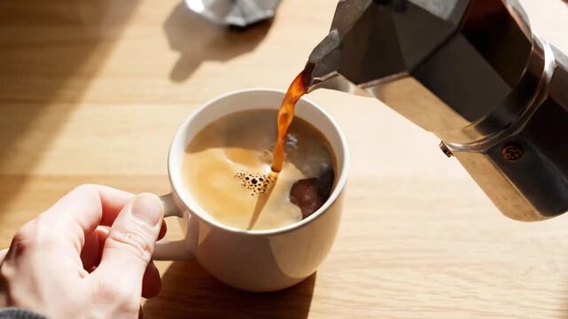 Brewing coffee in a geyser coffee maker and pouring into a white mug at home