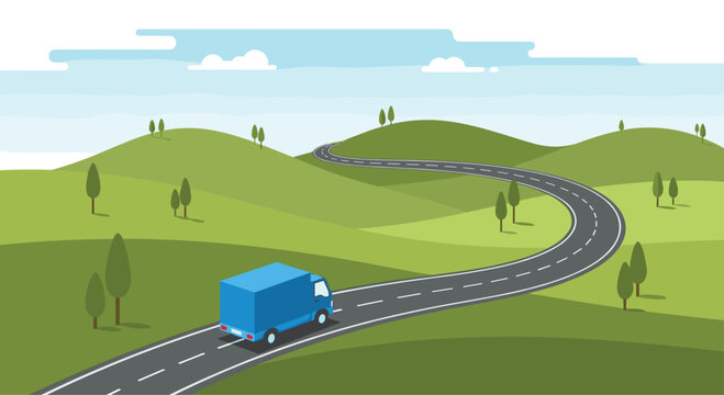 A small blue cargo delivery truck travels along a winding paved road through lush green rolling hills under a bright clear sky with soft daylight and natural coloring.