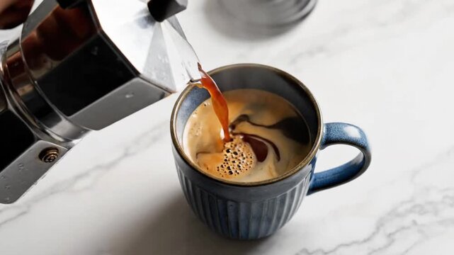 Brewing coffee with a geyser coffee maker and pouring it into a blue mug
