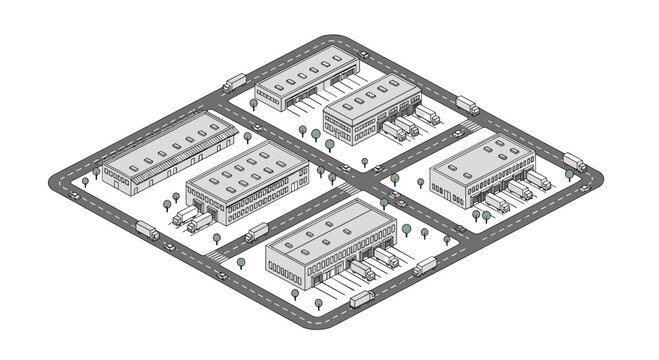 Isometric technical illustration of a grayscale industrial logistics park featuring multiple warehouse buildings with loading docks and trucks on black asphalt roads.
