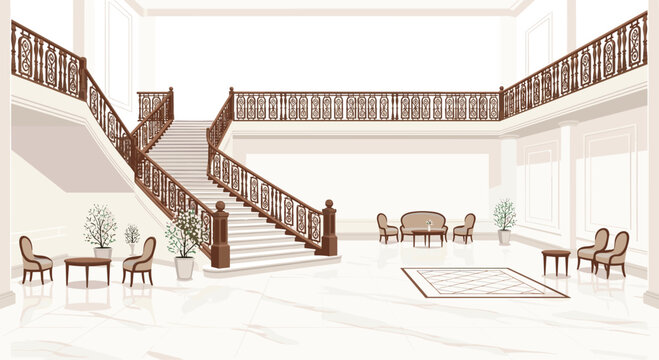 Spacious grand entrance hall with a prominent sweeping wooden staircase and comfortable lounge seating area set on polished white marble floors in a warm luxury villa.