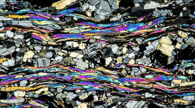 Microscopic Thin Section of Metamorphic Rock Showing Mineral Grain Structures.