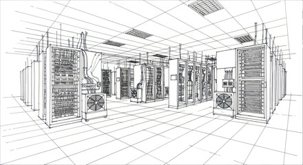 Detailed blueprint sketch of a modern data center server room. © Dika