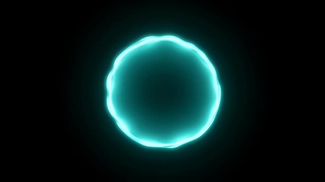Glowing cyan teal neon ring circle with luminous aura and futuristic sci fi energy halo floating on dark background, mysterious glowing neon luminous ring evoking motion and power