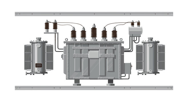 A technical schematic illustration of a central high-voltage electrical transformer with auxiliary cooling units and overhead power rails in a monochrome gray palette.
