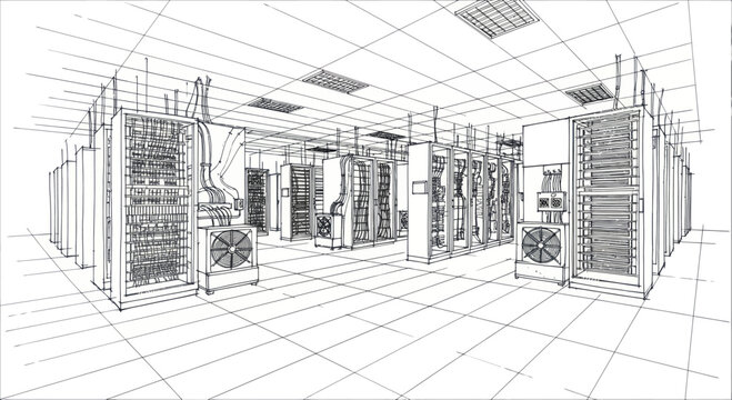 Detailed blueprint sketch of a modern data center server room.