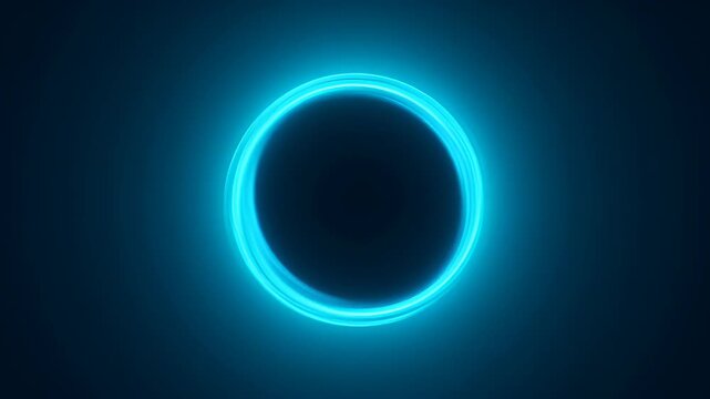 Glowing neon blue ring dark background circular light halo emitting soft radial glow and futuristic aura minimal abstract energy shape evoking technology and motion glowing cyan neon ring dark