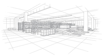 Detailed wireframe sketch of a modern industrial warehouse interior. © Dika