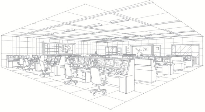 Detailed wireframe drawing of a modern office interior with multiple workstations.