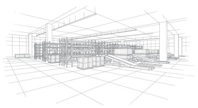 Detailed wireframe sketch of a modern industrial warehouse interior.