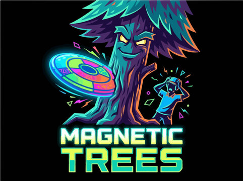 Disc Golf Magnetic Trees Neon Mascot Illustration, Funny Disc Golfing Humor with Tree Character and Frustrated Player