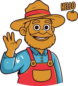 Ugly Cute Farmer Waving Hello Cartoon Sticker White Background 3