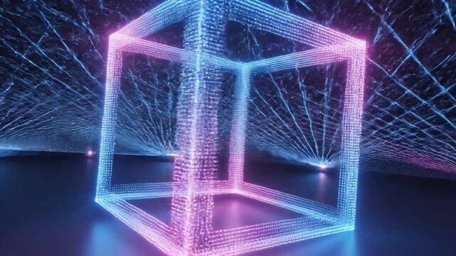 A glowing, geometric cube shape is illuminated with vibrant blue and pink light against a dark background, creating a futuristic visual