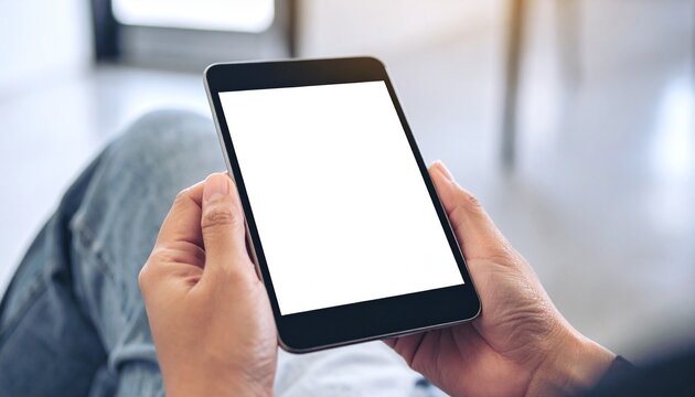 Close-up shot of a person's hands holding a modern digital tablet with a blank white screen, perfect for showcasing creative designs, applications, or website mockups