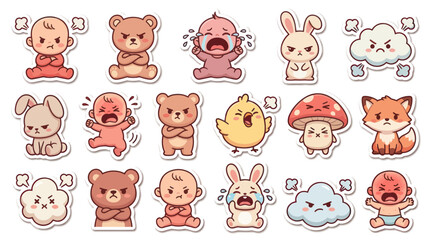 Fototapeta premium Cute Angry Cartoon Babies, Bears, Bunnies, Clouds, Fox, Chick, Mushroom Stickers