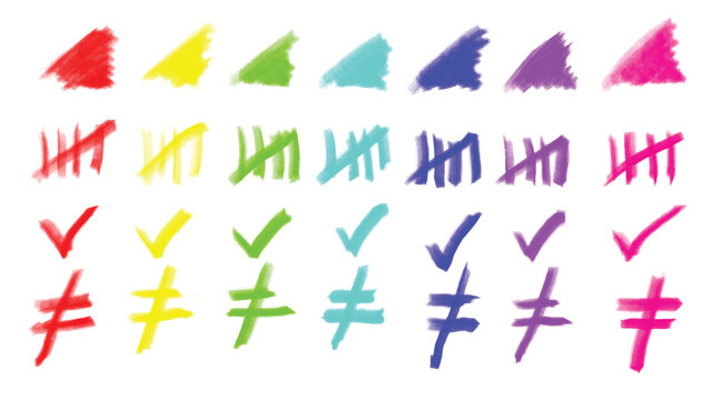 Set of colorful crayon box hand drawn check marks, tally marks, and symbols in crayon nobody style on transparent background. Perfect for annotations, UI elements, and crayon border design projects