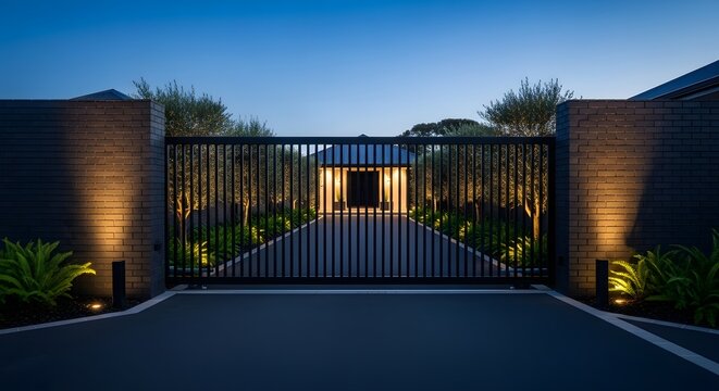 A modern black metal security gate with warm uplighting on brick pillars and lush landscaping at dusk.