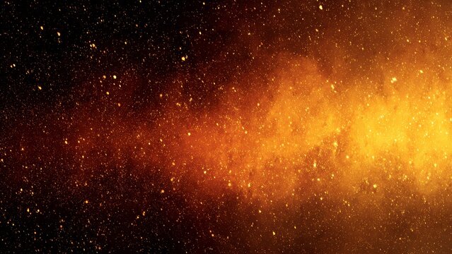 Fiery orange and yellow nebula clouds with shimmering golden dust particles