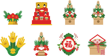 Obraz premium Traditional Japanese New Year Decoration Illustration Set Featuring Kadomatsu, Hina Dolls, and Floral Arrangements for Cultural, Festive, and Holiday Designs