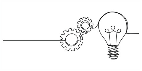 Gears and light bulb line art vector illustration minimalist continuous drawing innovation creativity idea process © Dosoroth Chandra